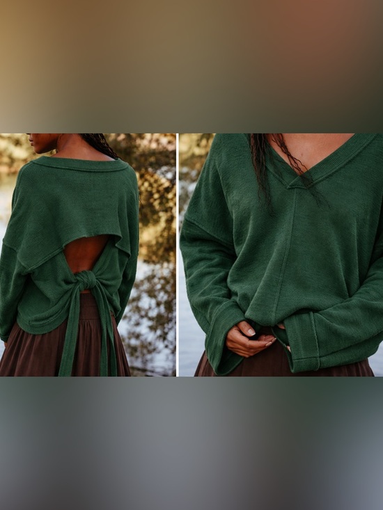 Free People Sweaters - Free People Beach Alyria Solid Pullover Med Cutout Tie Sweatshirt Green Sweater